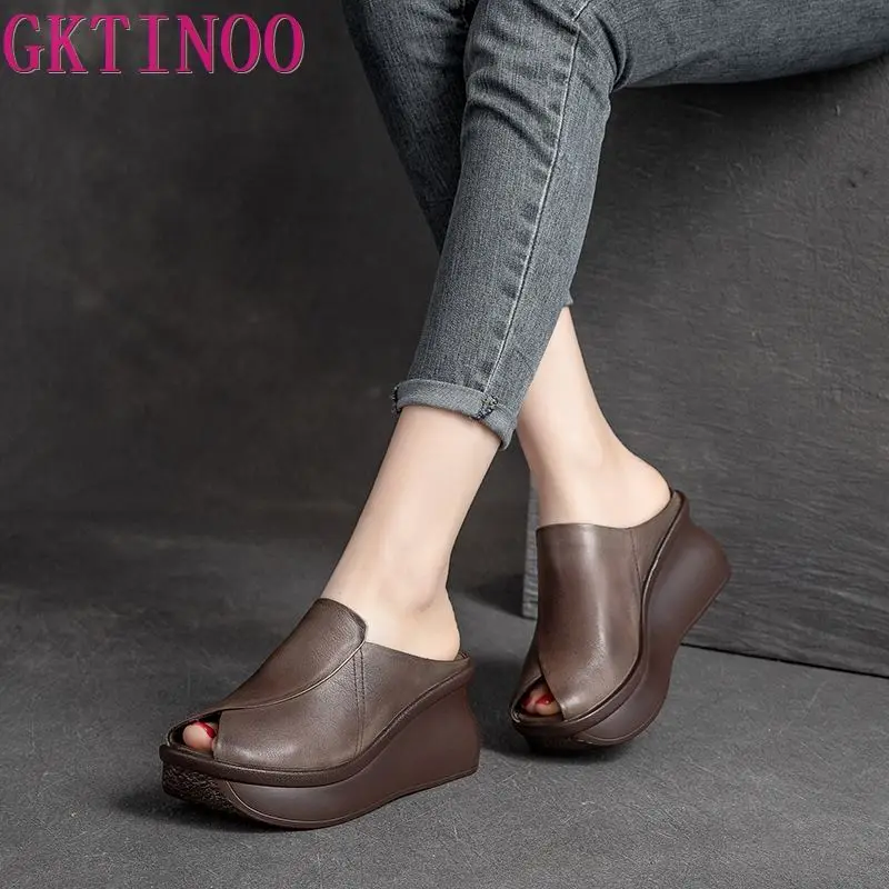 GKTINOO Summer Woman Shoes Platform Slippers Wedge Genuine Leather Women High Heel Slippers For Women Retro Sandals Female Shoes