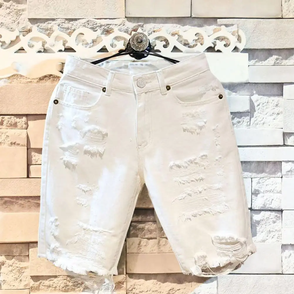 Summer Short Pants Hip Hop Button Zipper Closure Men Summer Short Jeans Ripped Hole Cotton Men Summer Shorts Men Clothes