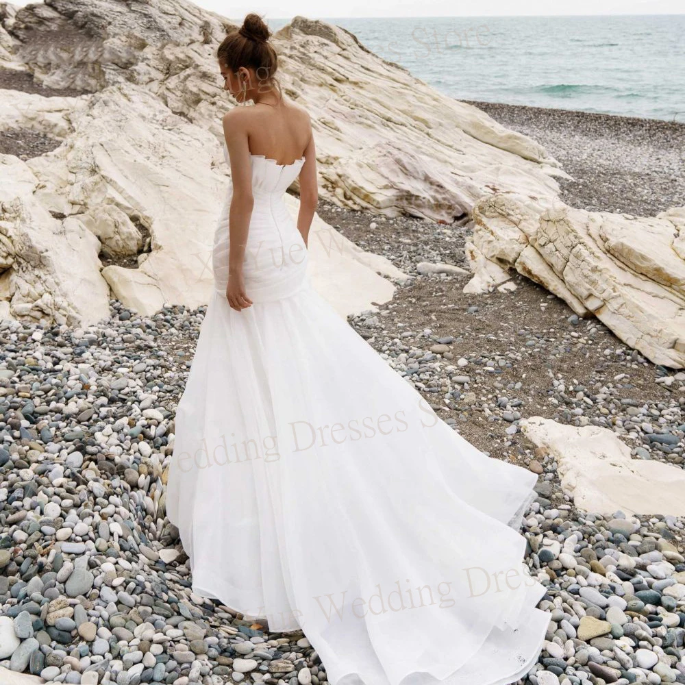 Modest Generous Mermaid Sexy Slim Wedding Dresses Modern Sleeveless Backless Strapless Bride Gowns Pleated Robe De Soiree Femmes