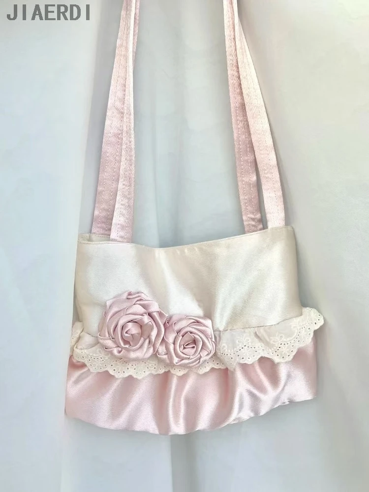لوليتا الحرير المرقعة زهرة الورد حقيبة كتف المرأة الحلو الدانتيل التباين اللون حقيبة تحت الإبط لطيف Y2k محفظة أنيقة وحقائب اليد #5