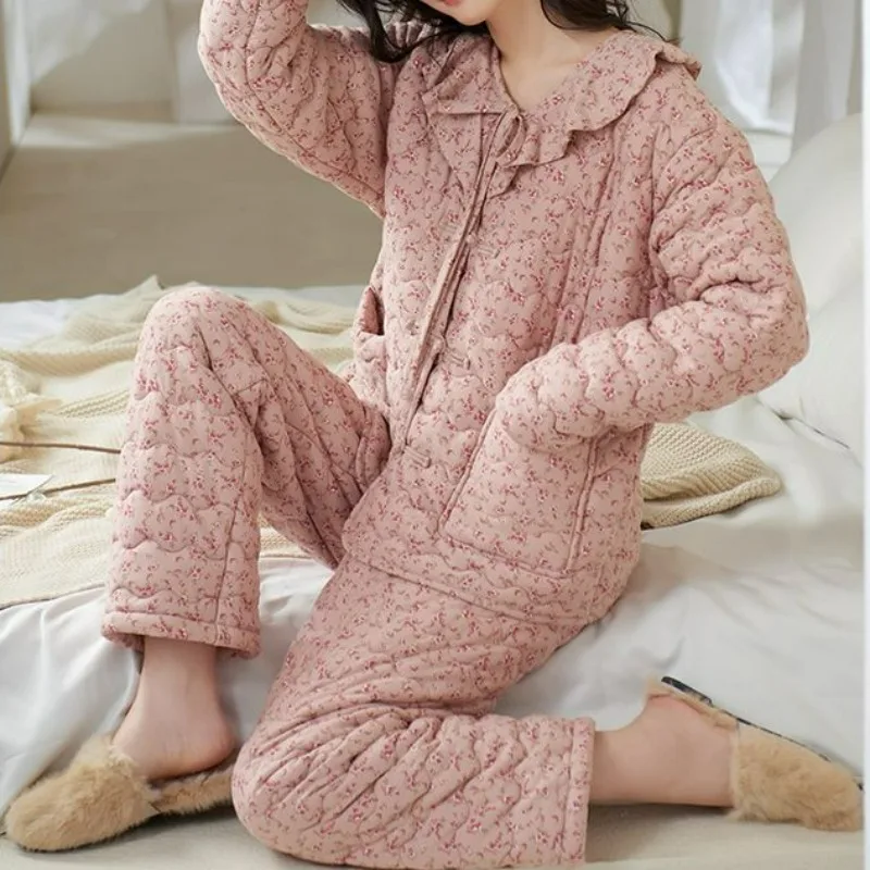 

New Women's Pure Cotton Pajamas Winter Three-layer Thickened Cotton Jacket Floral Fashion Casual Home Clothing Cozy loose Set