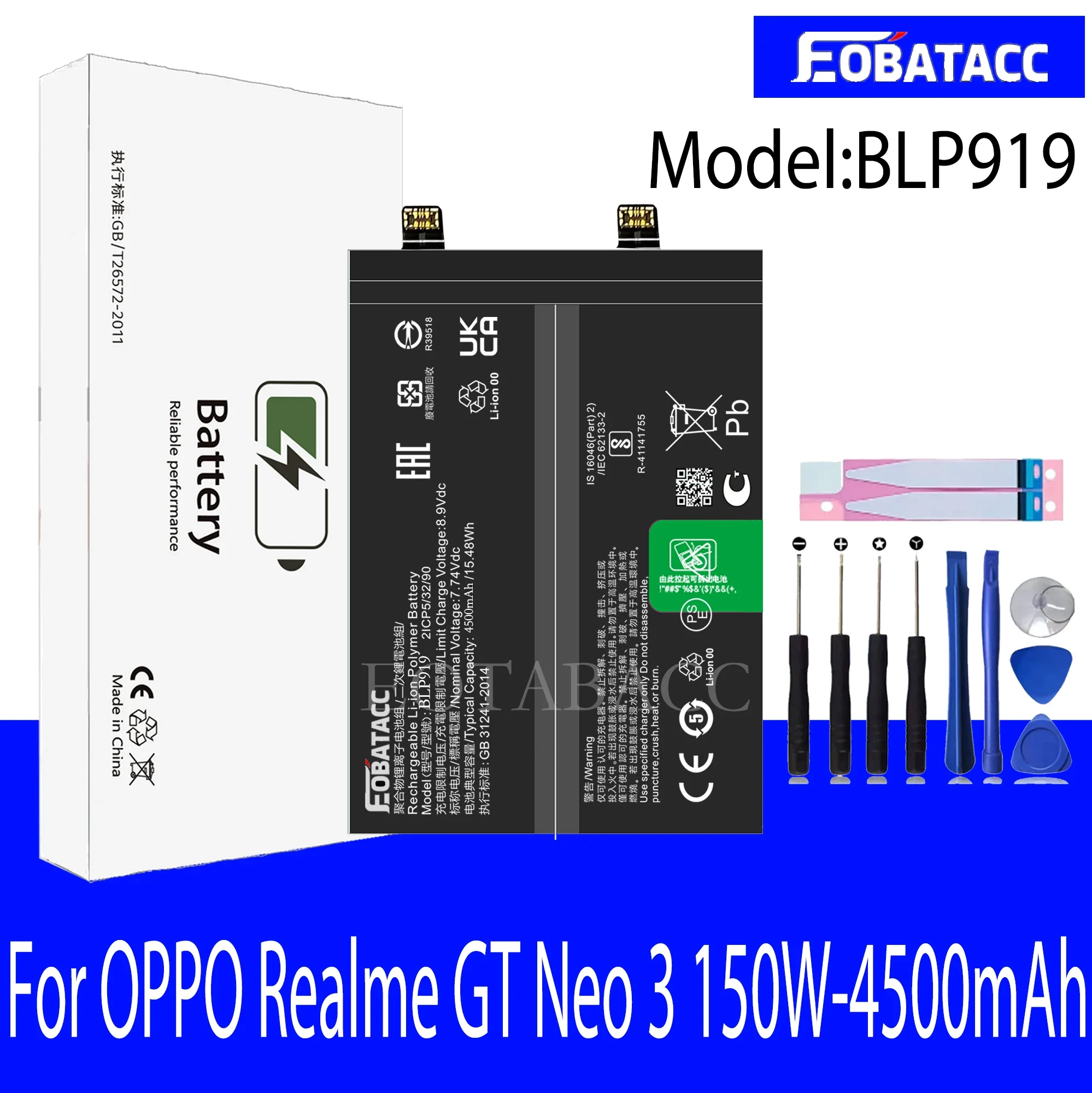 EOTABACC-BLP919 Bateria para OPPO Realme GT Neo 3, 150W-4500mAh, ferramentas, 100% novo, original