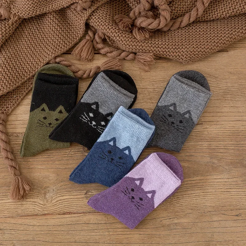 5 paires automne hiver femmes mignon laine extérieur mi-mollet chaussettes dessin animé chat épaissi chaud Style ethnique intérieur chaussettes de sol