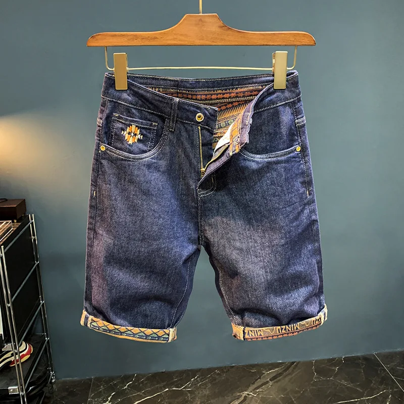 Retro Ethnic Print Fifth Jeans Men2024Summer New Trendy High-End and Fashionable Straight Short Pants Stretch Casual Shorts