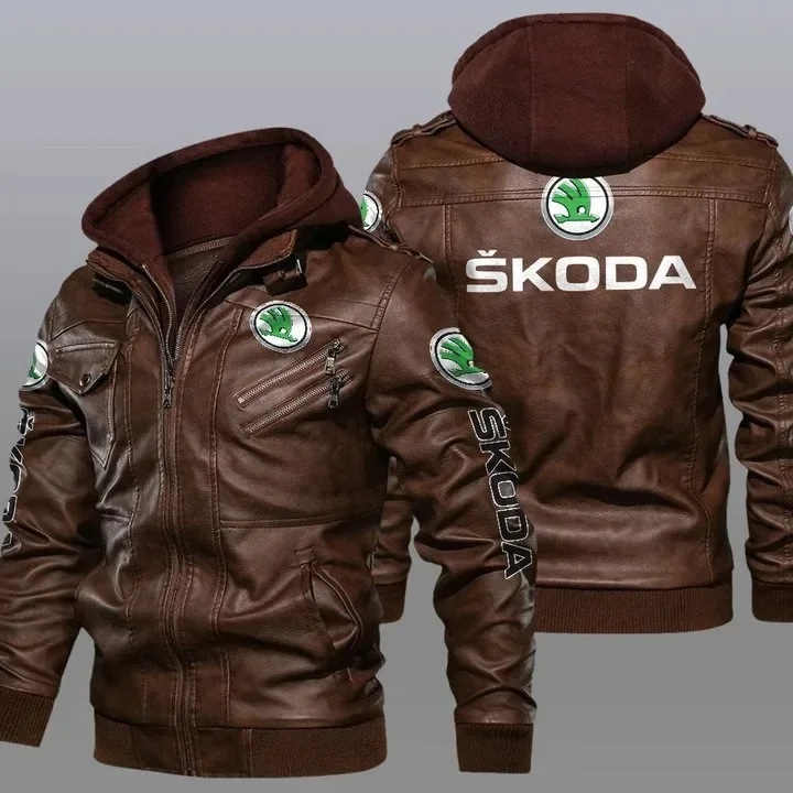 2023 New Winter Eurosize Men's Leather Skoda Car Logo Long Sleeve Zipper Hooded Jacket Fleece-lined Fashion Keep Warm Coat