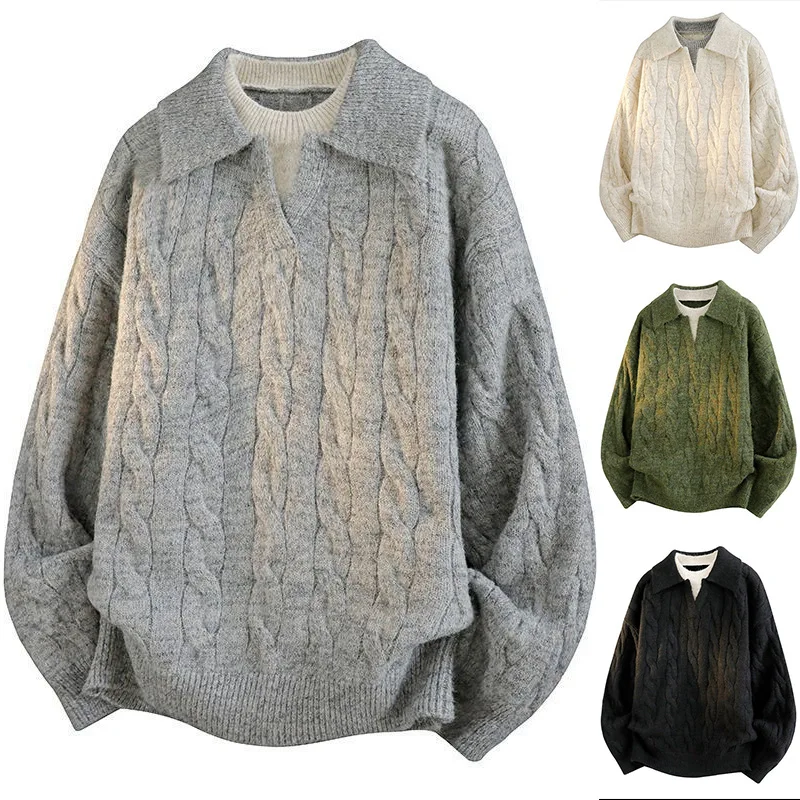 Fake two-piece POLO shirt V-neck twist knitted sweater men's autumn and winter business outer thread