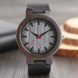 Vintage Ebony Wood Genuine Leather Watch for Men Women Stylish Casual Styles Red Seconds Simple Dial Wooden Wristwatches