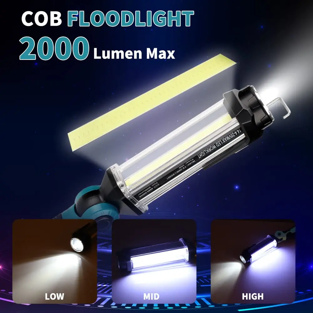 Led Work Light 2000lm for Makita 18V Lithium Battery Flashlight Cordless 35W Floodlight Spotlight Hook for Car Repairing Camping