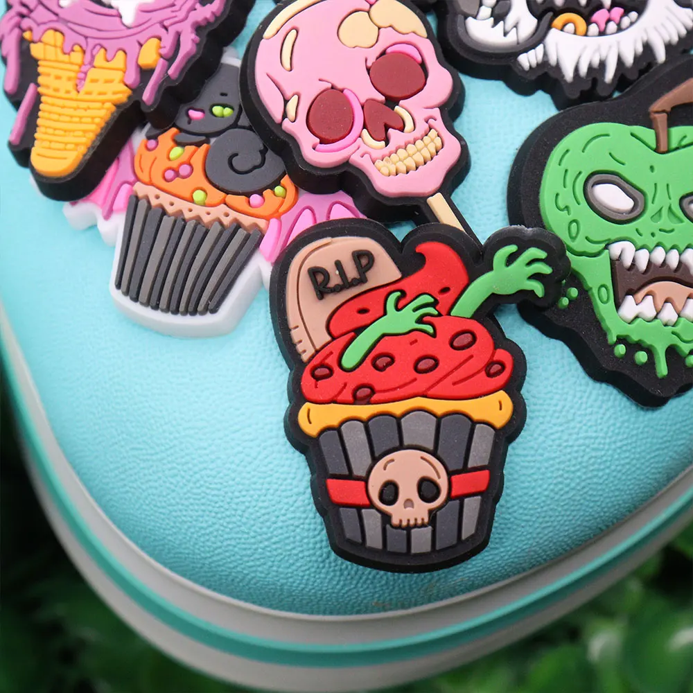 New Arrival 1pcs PVC Shoe Charms Fit Wristbands Popcorn Candle Skull Apple Pizza Drink Hole Slipper Decoration Shoe Accessories