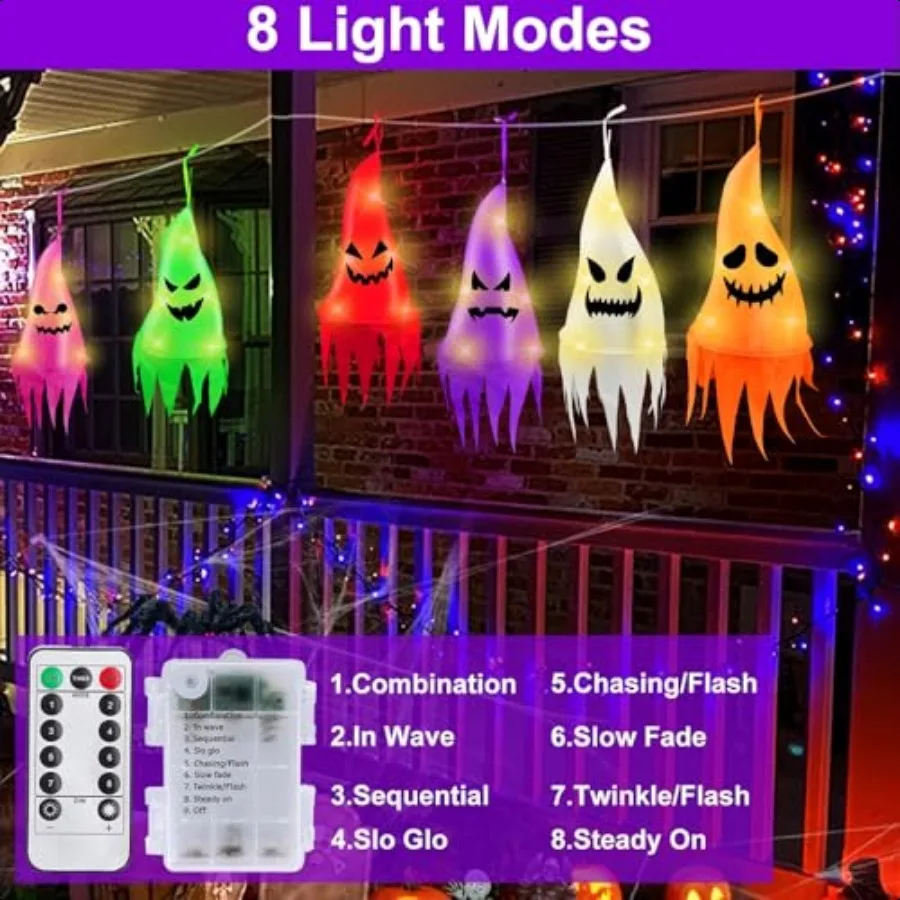 جهاز التحكم عن بعد 6 قطع أشباح معلقة للهالوين مع 8 أوضاع 30 أضواء LED 13 قدم زينة الهالوين الطويلة أشباح معلقة خارجية