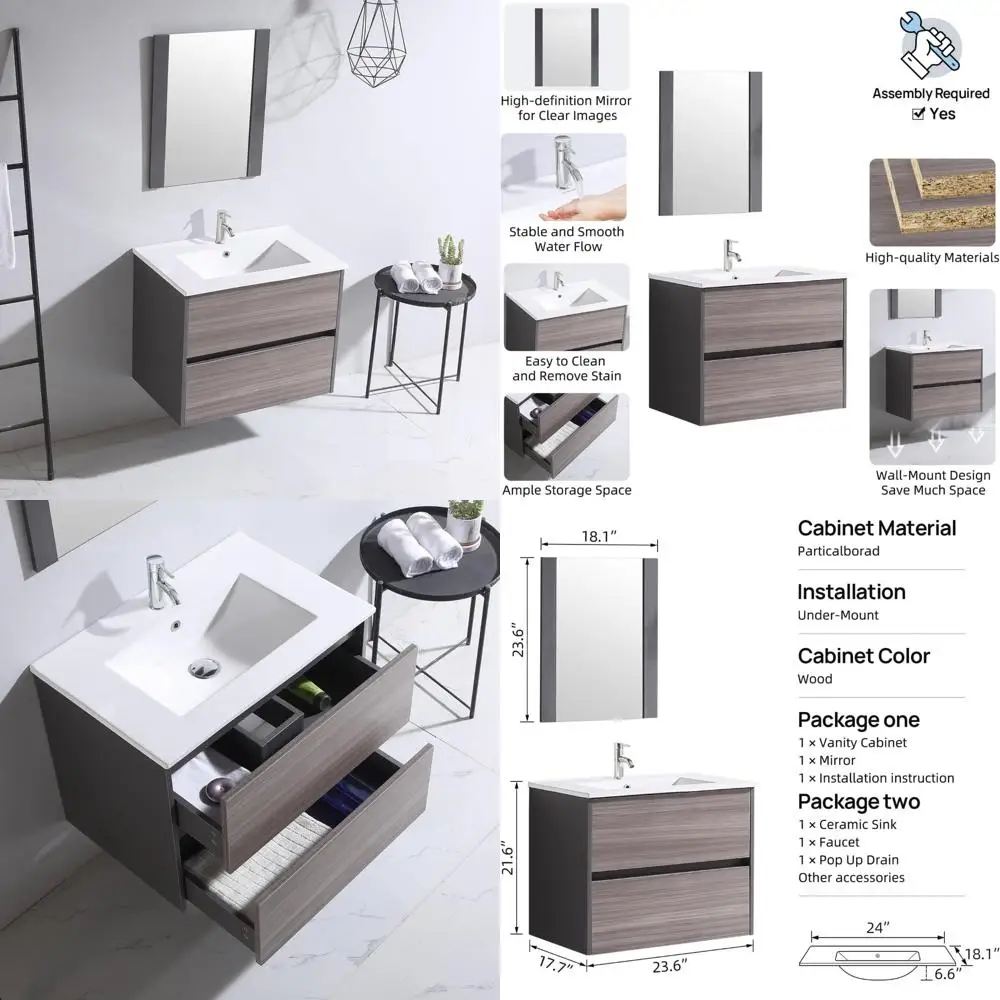 

24" contemporary bathroom vanity with drop-in sink, mirror, chrome tap, and storage