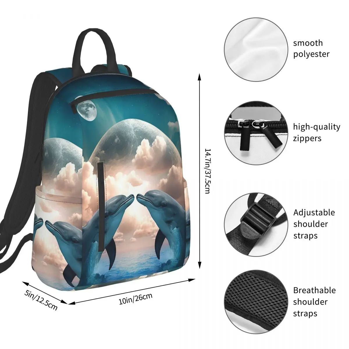 Dolphin With Moon And Floral Sunset Backpack Student BookBag Children School Bag Laptop Shoulder Bags Men Women