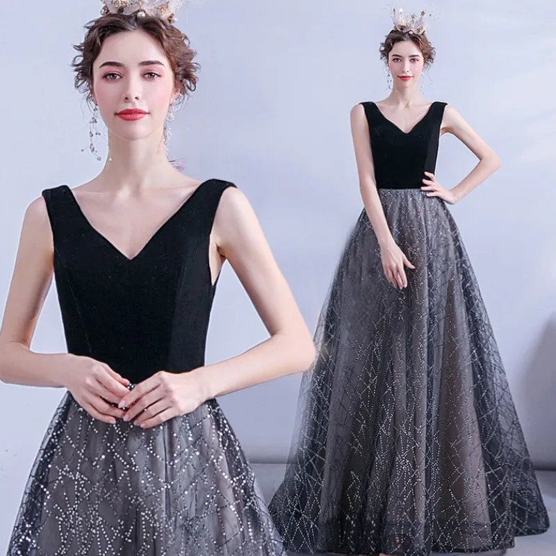 

Evening V-Neck Black Deep V-Neck Performance Banquet Annual Meeting Birthday Walk Show Tail Dress Платье Брюки Женское Вечернее