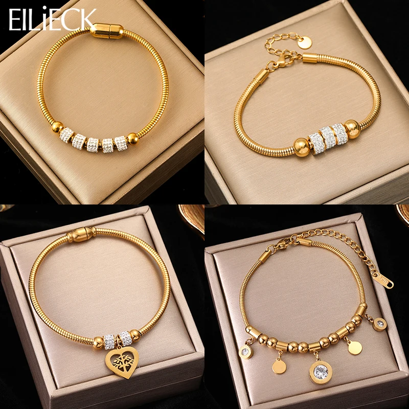 EILIECK 316L Stainless Steel Heart Roman Numeral Zircon Bead Bracelet For Women New Waterproof Snake Bone Chain Bangle Jewelry