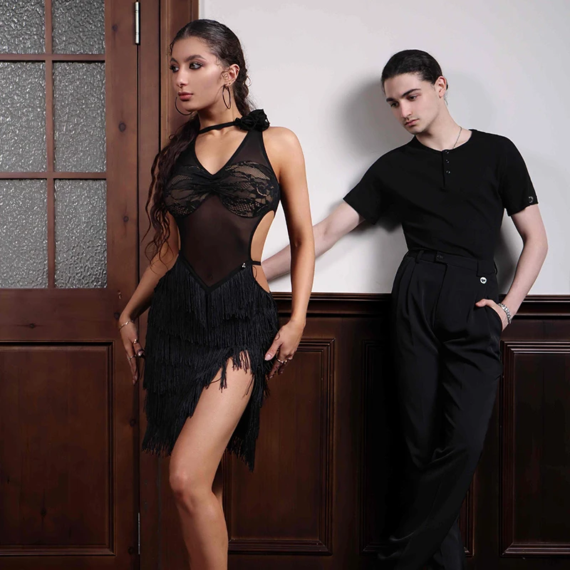Sexy Erwachsene Latin Dance Kleid Fransen Schwarz Aushöhlen Latin Dance Kostüm ChaCha Samba Leistung Bühne Tragen Frauen Kleider 1587
