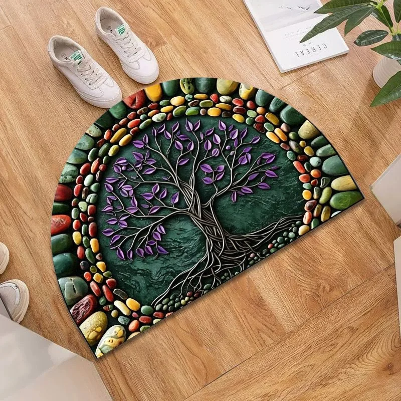 VIKAMA Tree of Life Bath Mat – Purple Celtic Roots, Semi-Circle Rainbow Pebble Design​
