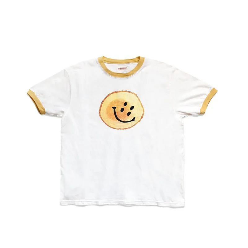 

KAPITAL Hirata and Hongri Style Men and Women's Casual Cotton Tree Stump Smiling Pattern Retro Round Neck Short Sleeved T-shirt