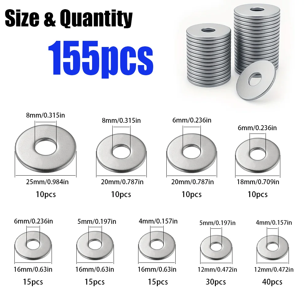 155 Large Wide-Body Stainless Steel Flat Washers M4 M5 M6 M8 for Home, Kitchen, Shop, and Outdoor Construction Maintenance