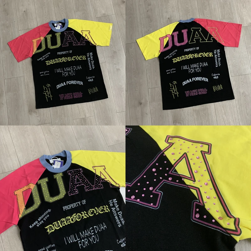 New Vintage Contrast Raglan Duaa Tee Colorful Font Graphic Print Daily Street‑style Oversized Short Sleeve Tshirts