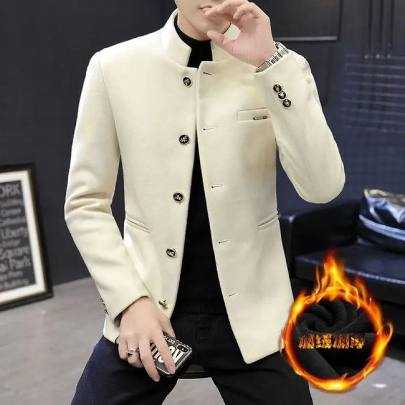 Boutique Men\'s Thickened Stand-up Collar Elegant Blazer Casual Korean Version of The Slim Youth Tunic Woolen Small Suit Jacket