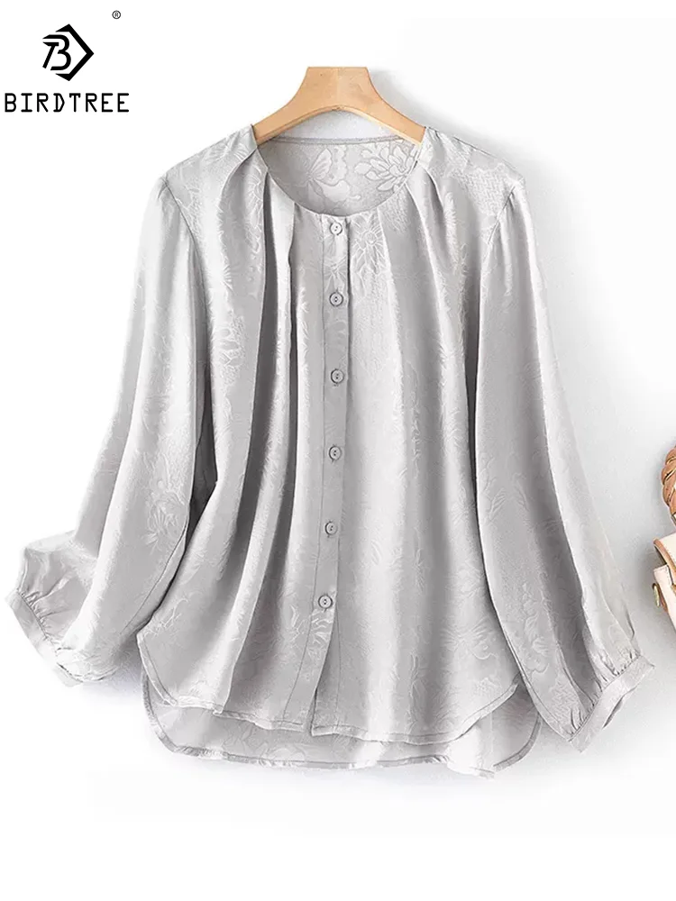 

BirdTree, 100%Real Silk Retro Shirt, Women Long Sleeve O Neck Jacquard, Loose Office Lady Blouses, 2024 Spring New Tops T44749QM