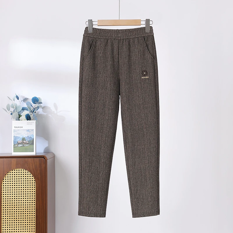 Middle Aged Women Autumn and winter high-end woolen jacquard slim fit  Pants Loose Elastic Waist Casual Trousers plus Size