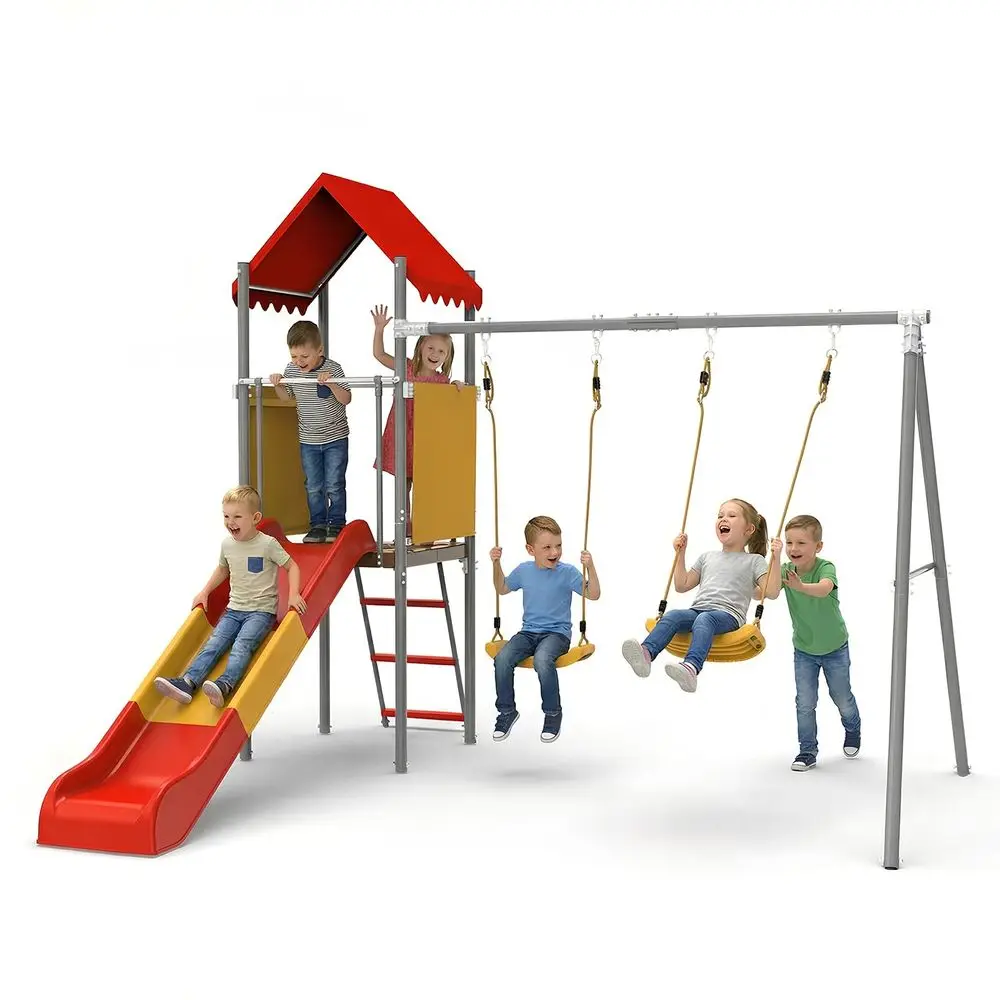 

Sets for Backyards, 440lbs Metal Heavy Duty Sturdy Swing Set with Slide amp 2 Swing Seats, Upper Deck with Canopy, Outdoor Swin
