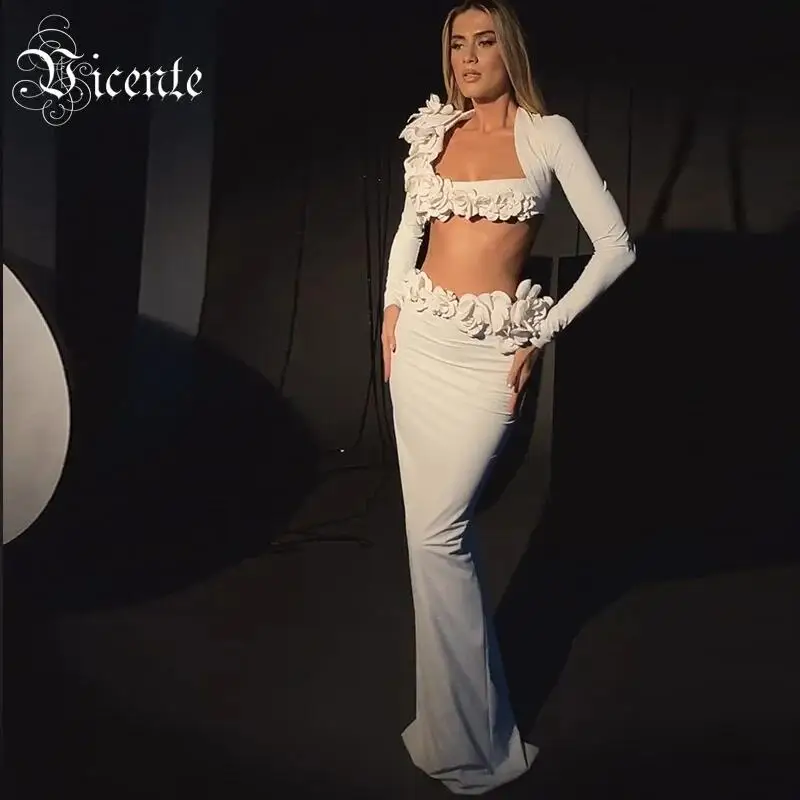 VC Two Piece Set For Women Sexy Long Sleeve Crop Top + High Waist Long Skirt Suit With 3D Flower White Bandage Female Clothing