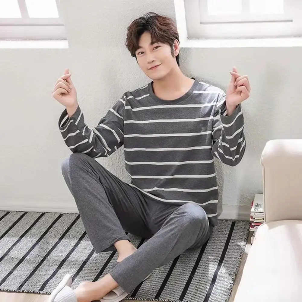 2Pcs/Set Men Pajamas Set O-Neck Long Sleeve Striped Print Tops Elastic Waist Long Pants Set Home Lounge Wear Set Spring And Fall