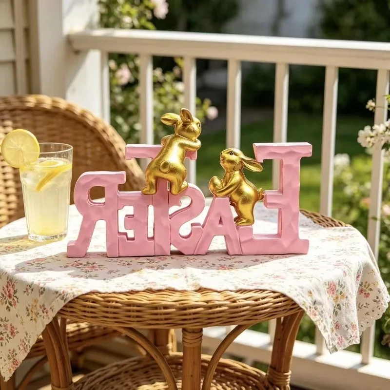 

Creative Resin Pink Easter Alphabet Rabbit Sculpture Ornaments Living Room Entrance Bedroom Tabletop Animal Statue Crafts Gifts
