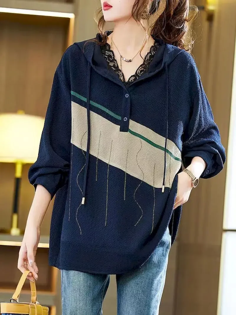 Hot Diamond Hoodies Women Contrast Color Patchwork Hooded Sweatshirts 2024 Spring Autumn Trend Oversized Hoodie Luxury Style Top