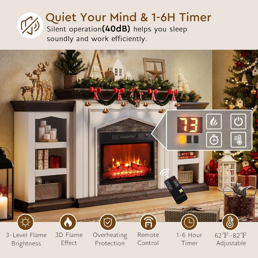 Large 80 Inch Fireplace TV Stand with Electric Heater, Rustic Farmhouse Style Entertainment Center, Storage Included for TVs up