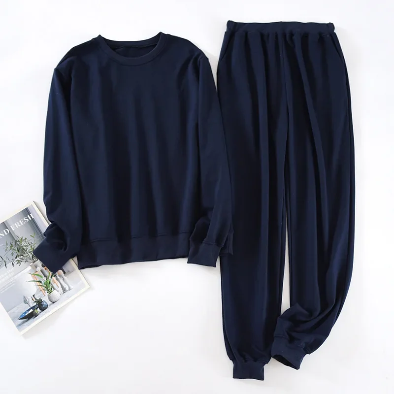 Spring Terry Cotton Sweatshirt Sweatpants Simple Casual Couples Round Neck Pajamas Long Sleeves Trousers Loungewear 2 Pieces Set