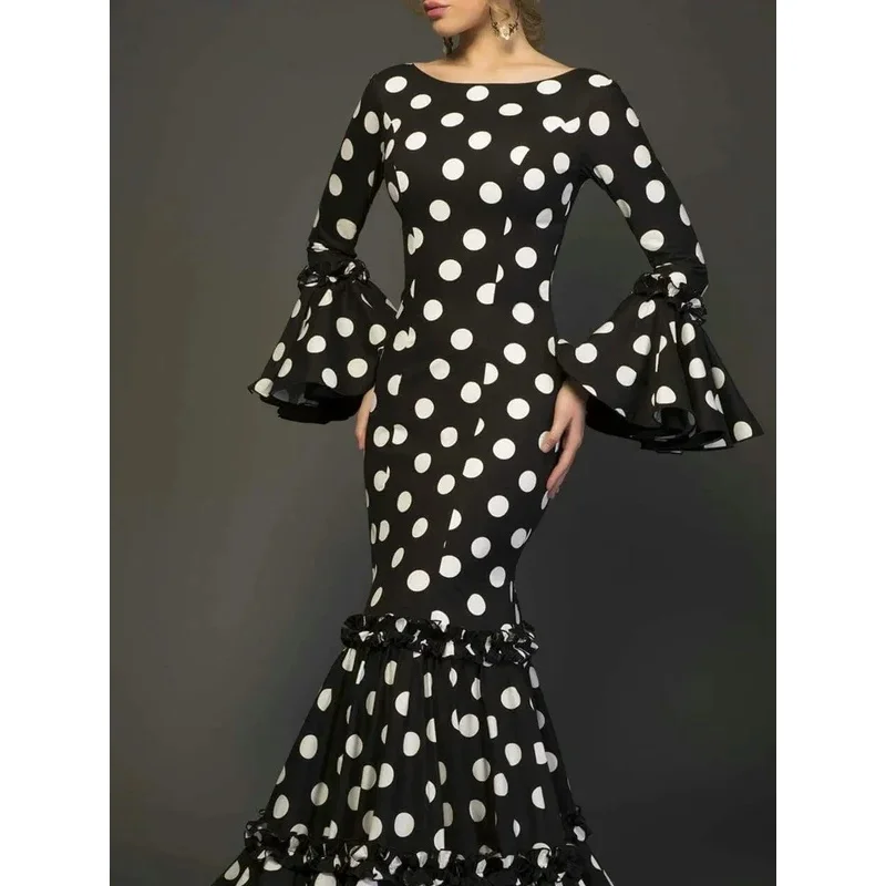 Elegant Ladies Dress Fashionable Trumpet Sleeves Polka Dot Decoration Cascading Ruffle Hem Sexy Fishtail Ladies Evening Dress
