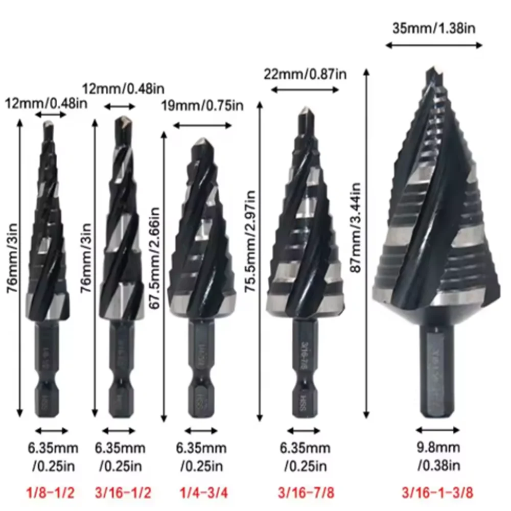 HSS Spiral Step Drill Bit Set Imperial Sizes Hex Shank Hole Cutter with Storage Box for DIY And Professional Use 2