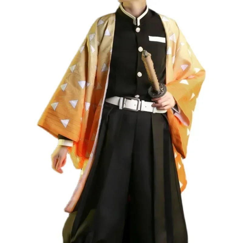 Anime Demon Slayer Agatsuma Zenitsu Costume Cosplay Kimetsu No Yaiba Kimono uniforme vestito mantello vestiti del partito costumi di Halloween