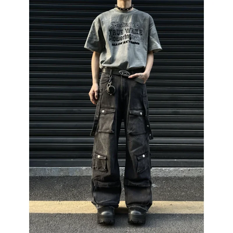 

2025 American Goth Harajuku Y2K Черные джинсы с несколькими карманами для тяжелой промышленности, потертые джинсы с низкой талией, мужские уличные модные брюки в стиле хип-хоп