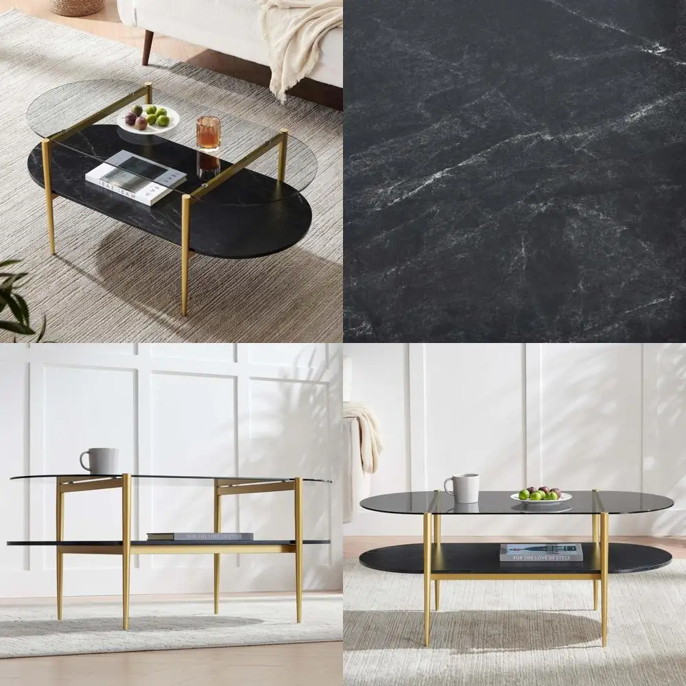 طاولة قهوة بيضاوية من منتصف القرن مع زجاج رمادي وقاعدة رخامية سوداء لغرفة المعيشة، 41 طويلة × 21 عريضة × 17 ارتفاعًا #1