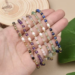 4MM Nature Stone Brass Beads and Freswater Pearl Stretchable Bracelet Suitable For Men And Women Daily Wear Gifts