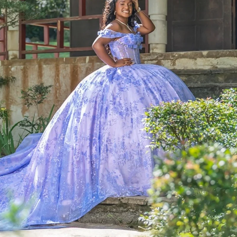 

Lavender Shiny Princess Quinceanera Dresses Off Shoulder Sequin Appliqued Lace Beads Tull Sweet 16 Dress Ball Gown Vestidos De