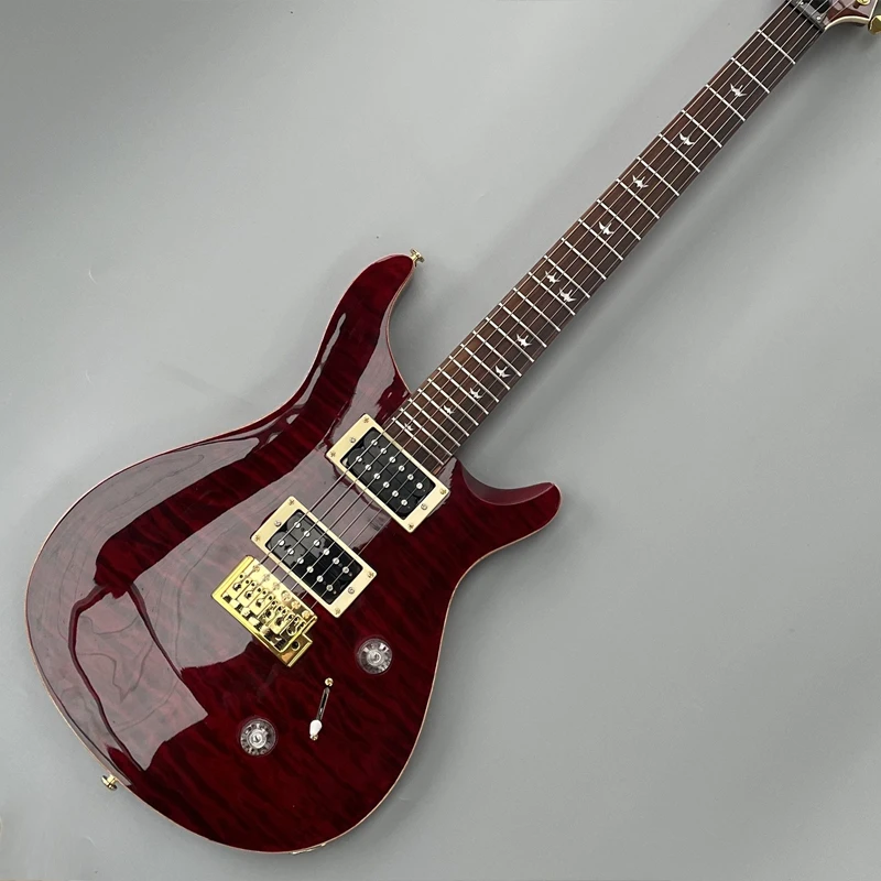 High quality electric guitar, wine red floral water ripple finish, rosewood fingerboard, gold hardware, 2 pickups, vibrato