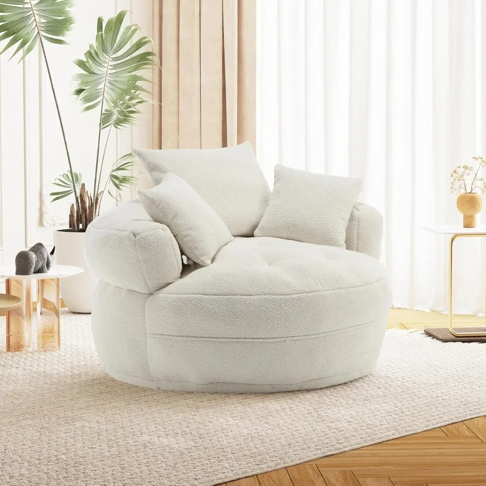 360° Swivel Modern Barrel Chair, Round Sofa Chair with 3 Pillows and Metal Swivel Base, Extra Large Armchair Comfortable Clu