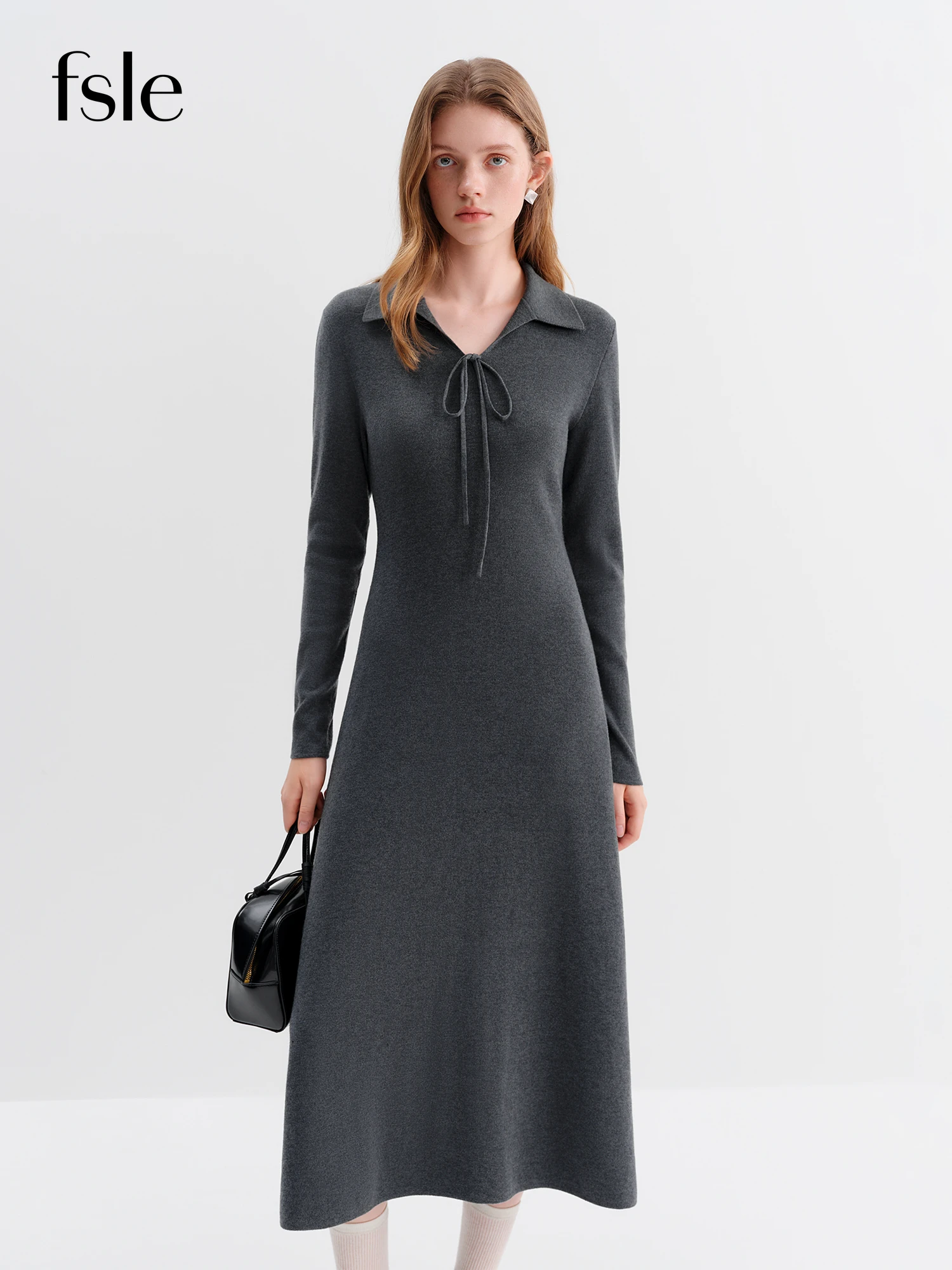 

​FSLE 2025 Winter Women's V-Neck Tie-Waist A-Line Knit Dress with Lapel Collar - Smooth Hemline Flared Skirt for Casual Elegance
