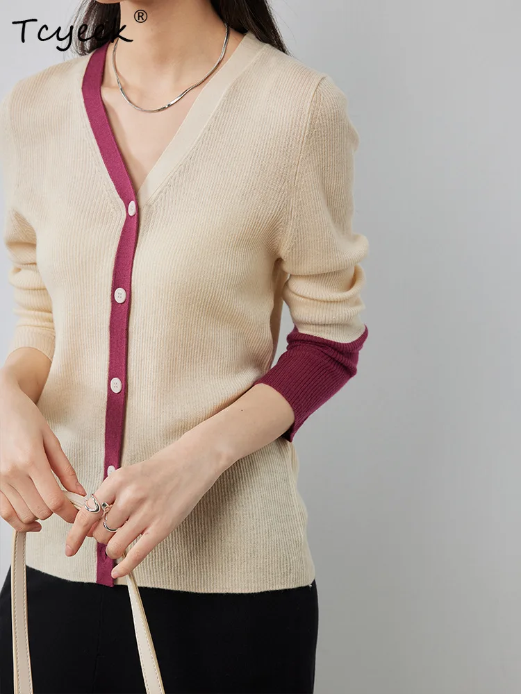 Tcyeek, cárdigans elegantes de mezcla de lana 32,4%, cuello en V de Color de contraste para mujer, chaquetas de punto informales de moda, Otoño Invierno C48142QM