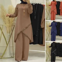 Ensemble musulman Eid pour femmes, chemisiers solides, pantalons à jambes larges, Ramadan marocain, deux pièces, Kaftan de dubaï, ample et modeste 1
