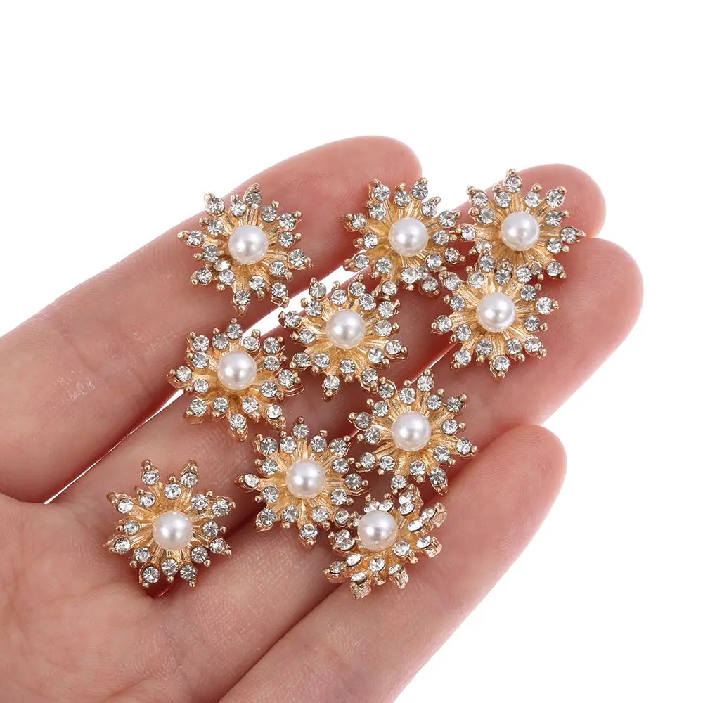 10PCS 16MM Rhinestone Snowflake Buttons Flatback Plating Pearl Hairpin Decoration DIY Craft Apparel Sewing Accessories