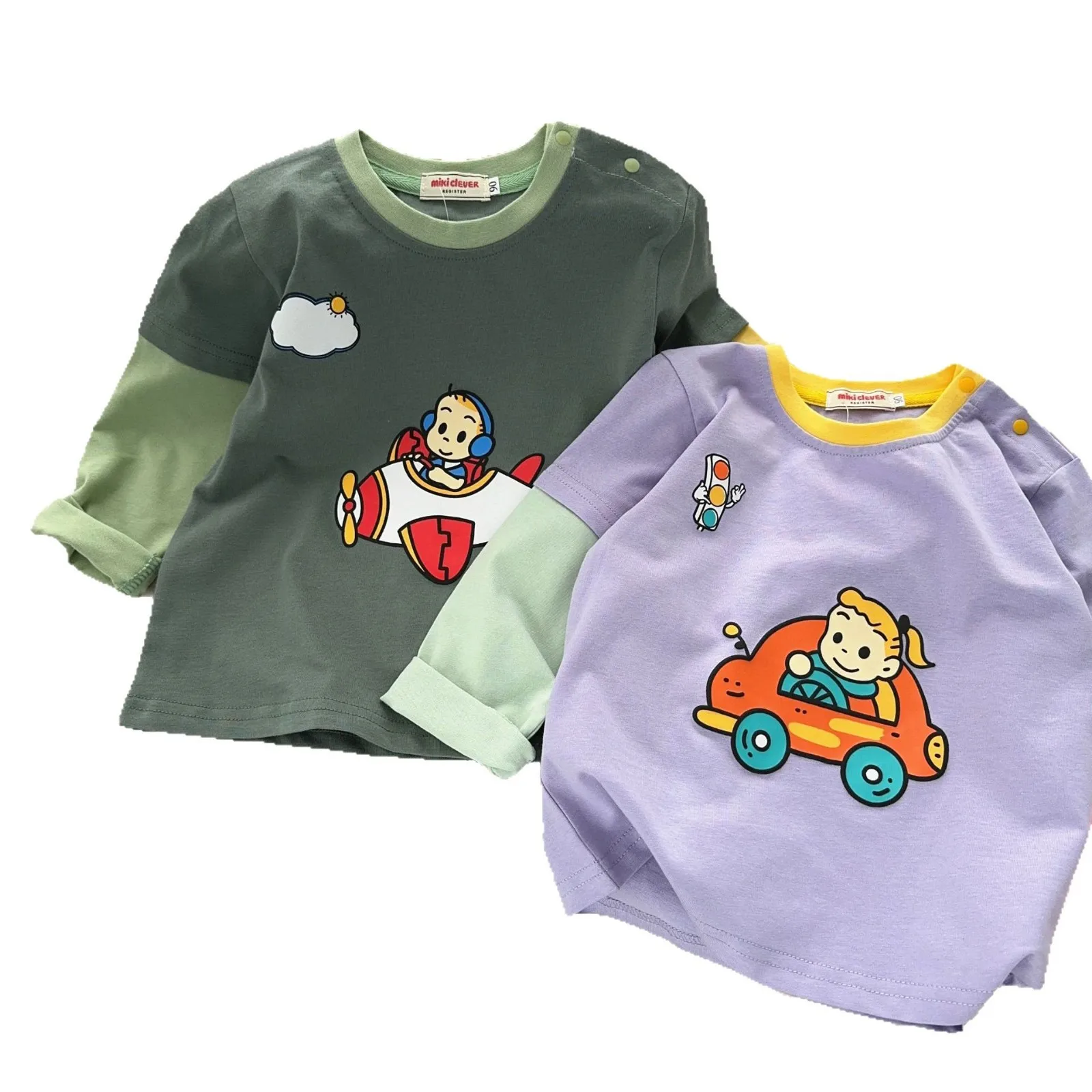 

Japanese Harada 2025 Spring New Children's Four Seasons Cotton Comfortable Simple Fake Two piece Cartoon Top Long Sleeve T-shirt