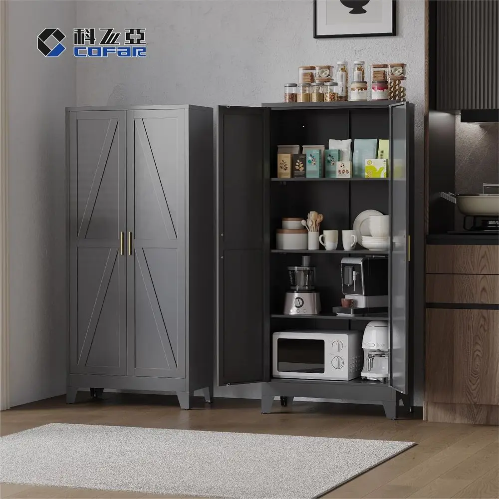 خزانة تخزين معدنية بطول 61 بوصة مع 3 أرفف قابلة للتعديل وأبواب الحظيرة، وخزانة على طراز المزرعة للمرآب والمطبخ والمخزن #4