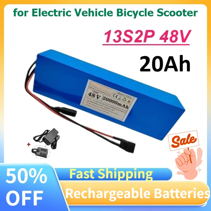 New 13S2P 48V 20Ah Rechargeable Lithium Battery Pack for Electric Vehicle Bicycle and Scooter Power Battery with BMS Charger