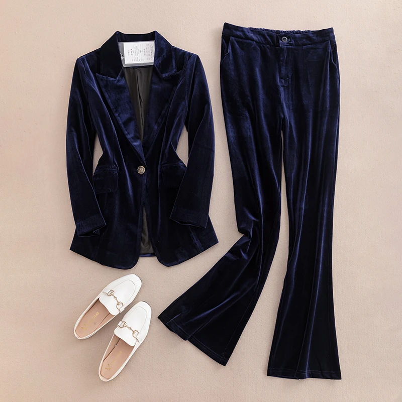 

Элитный велюровый костюм-двойка для женщин: укороченный крой, профессиональная офисная одежда, велюровые брюки, весна-осень, новая модная коллекция